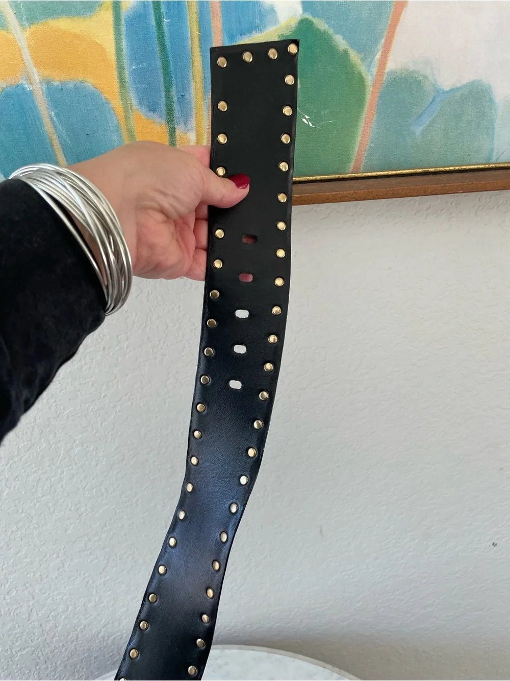 St. John Black Leather‎ Studded Belt Gold Hardware Minimalist Western Size 30